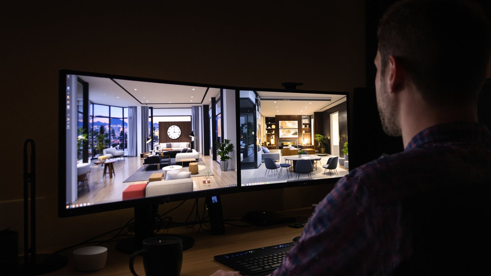 Artista 3D che controlla un rendering d'interni su due monitor