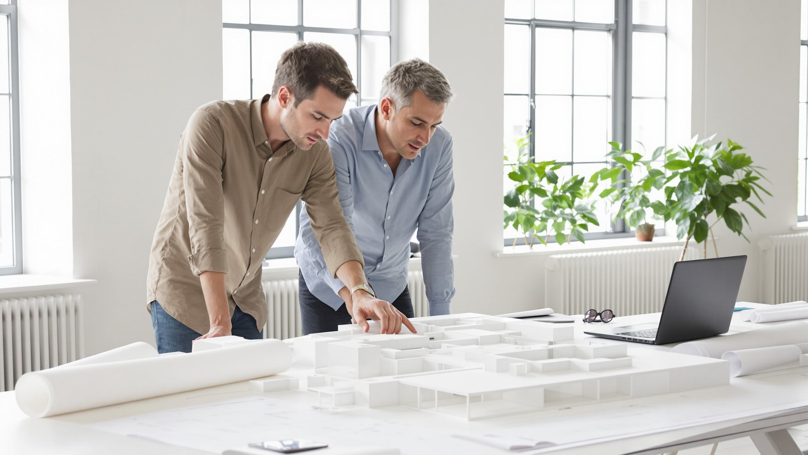 Due architetti che controllano un modello di edificio