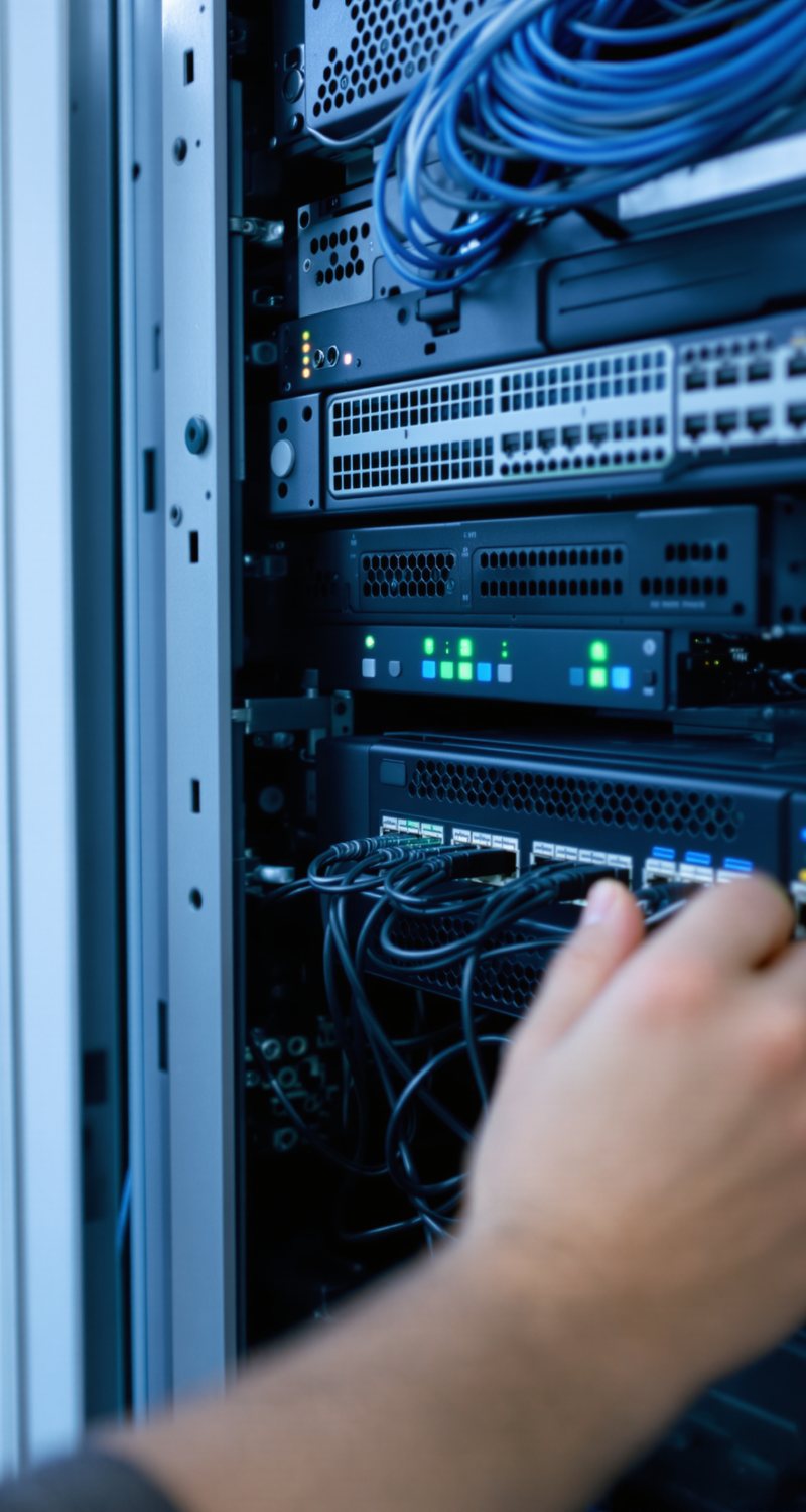 Tecnico che collega un cavo in un rack server di una piccola impresa
